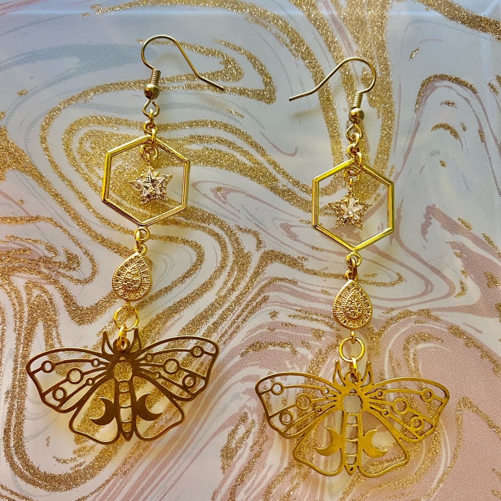 Metamorphosis Earrings” - brass and gold plated celestial butterfly earrings